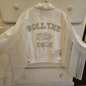 Rue De Seine White Jean Jacket with Beaded Accents